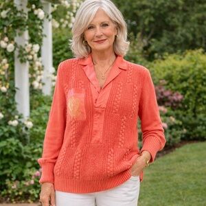 Vintage Cache Coral Crested Pocket Cable-Knit V-Neck Pullover Sz M